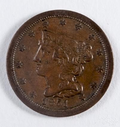 Braided Hair half-cent, 1851, VF-XF.