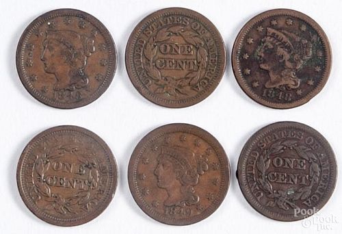 Six Braided Hair large cents, to include four 1848 and two 1849, VG-VF.
