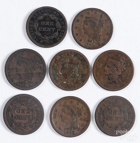 Eight Coronet Head large cents, to include two 1840, two 1841, an 1842, an 1844, an 1845