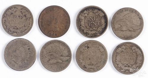 Six Flying Eagle cents, to include two 1857 and four 1858, together with an Indian Head cent, 1859 C