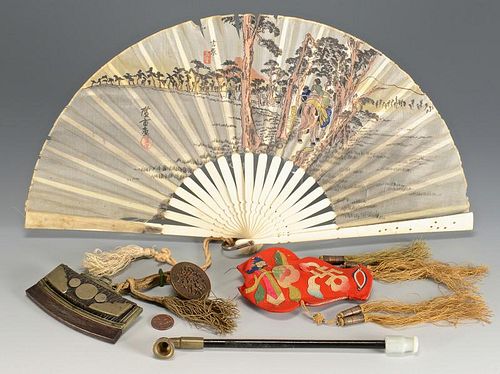 Group of 4 Asian items inc. pipe, fan