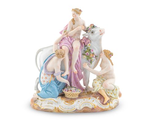 A Meissen Porcelain Figure of Europa and the Bull 
Height 8 1/2 x length 8 x depth 4 1/2 inches.
