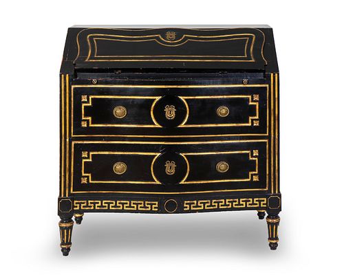 A Hollywood Regency Style Black and Gilt Painted Slant Front Desk
Height 40 1/2 x width 40 1/4 x depth 20 inches.