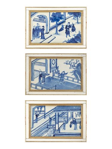 Three Chinese Export Blue and White Porcelain TilesFramed size 8 x 11 7/8 inches.