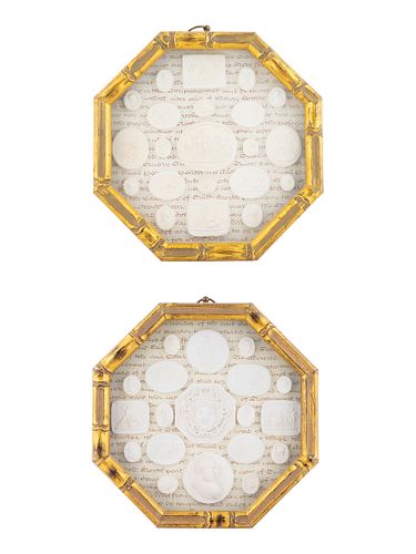 Two Octagonal Gilt Framed Collections of Roman Plaster Intaglios
Height 12 x width 12 inches.