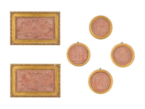 A Collection of Six Cast Resin Relief Decorated Plaques
Larger, Height 7 1/2 x width 13 3/4 inches.