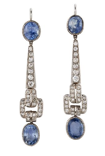 A PAIR OF SAPPHIRE AND DIAMOND PENDENT EARRINGS
 E