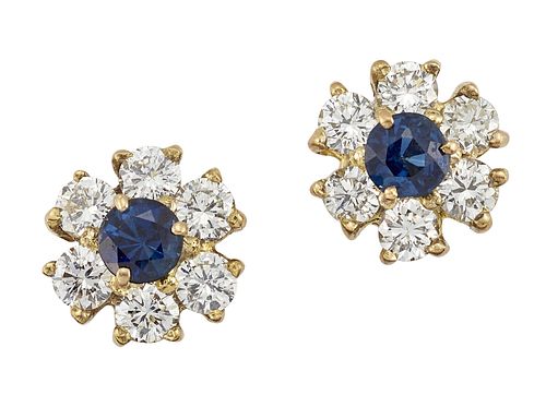 A PAIR OF SAPPHIRE AND DIAMOND CLUSTER EARRINGS
 E