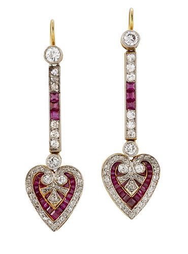 A PAIR OF RUBY AND DIAMOND PENDANT EARRINGS
 Each 