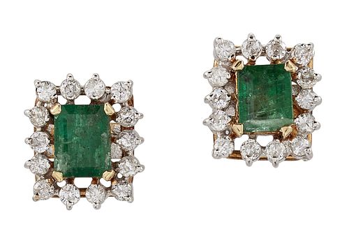 A PAIR OF EMERALD AND DIAMOND CLUSTER EARRINGS
 Ea