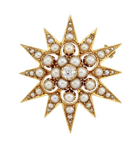 A HALF PEARL AND DIAMOND STAR BROOCH, CIRCA 1890
 