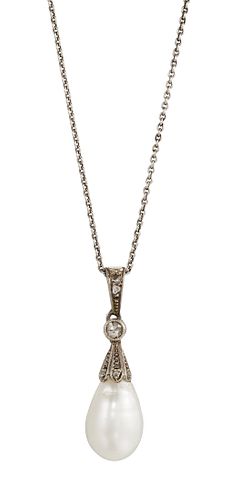 A CULTURED PEARL AND DIAMOND PENDANT NECKLACE
 The