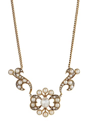 A PEARL-SET NECKLACE
 The central stylised bow, se