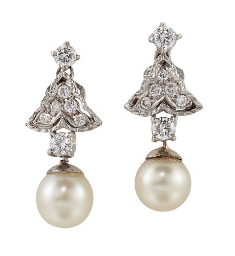 A PAIR OF CULTURED PEARL AND DIAMOND EARRINGS
 Eac