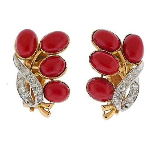 Mid Century 14k Gold Coral Diamond Earrings