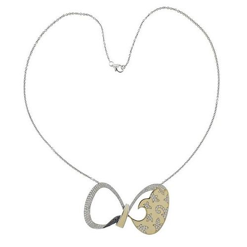 Italian 18k Gold 3.54ctw Diamond Enamel Bow Pendant Necklace