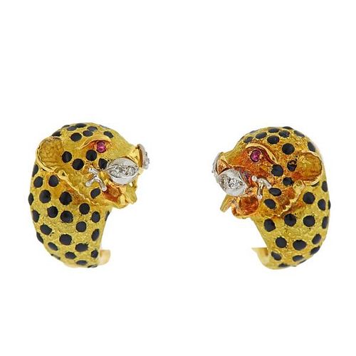 18k Gold Diamond Ruby Enamel Leopard Earrings