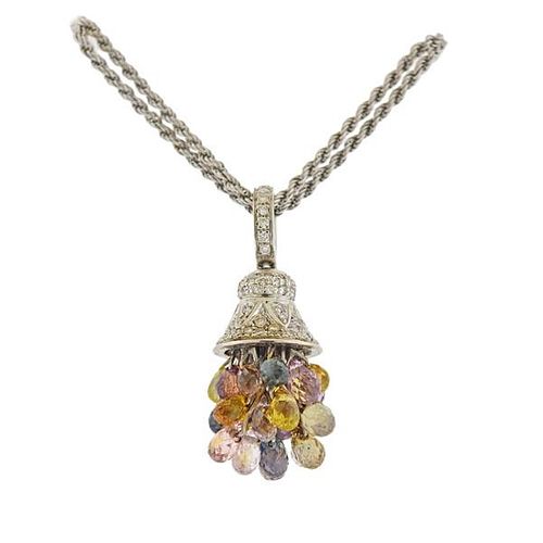18k Gold Diamond Gemstone Briolette Pendant Necklace
