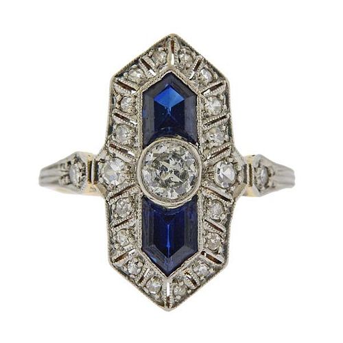 Antique Art Deco 18k Gold Platinum Diamond Sapphire Ring
