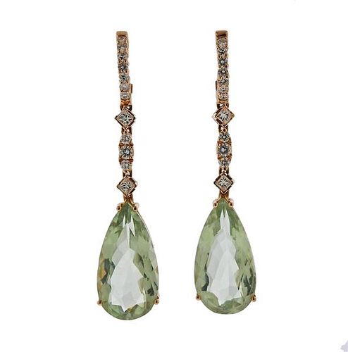 18K Gold Diamond Prasiolite Drop Earrings