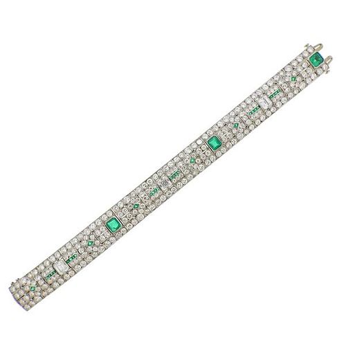 Art Deco Platinum 20 Carat Diamond Emerald Bracelet
