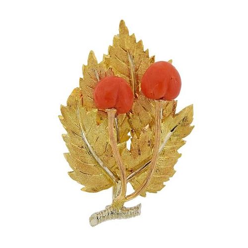 Buccellati 18K Gold Coral Leaf Cherry Brooch Pin
