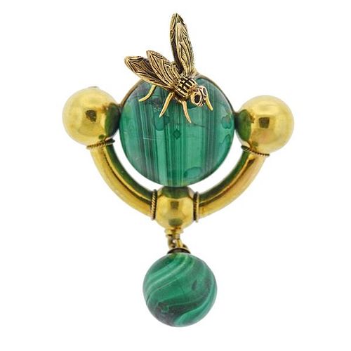 Antique Victorian 14k Gold Malachite Ball Insect Brooch Pin