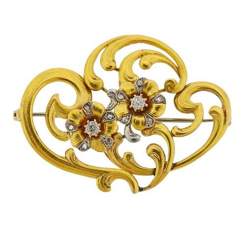 Art Nouveau 18K Gold Diamond Flower Brooch Pin