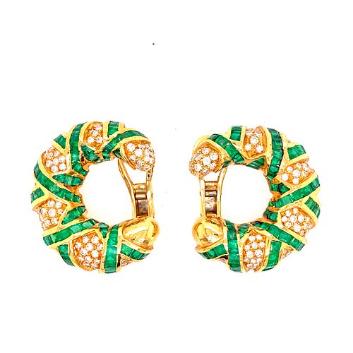 18k Gold Diamonds Emeralds Earrings