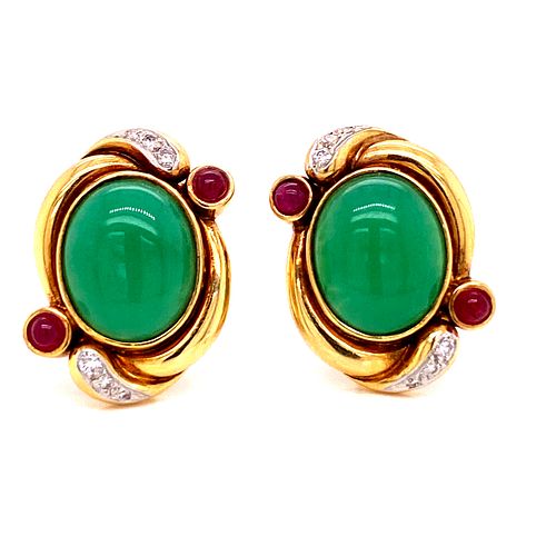 18k Gold Diamonds & Rubies Jade Jadeite Earrings