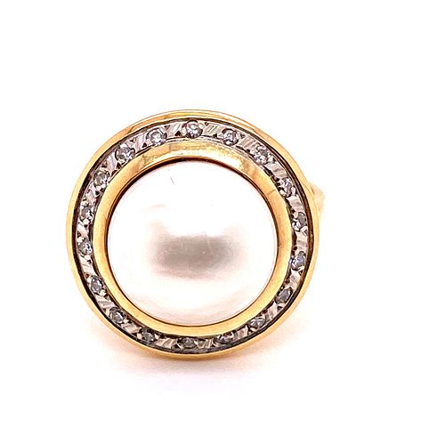 14k Gold Diamonds Pearl Ring 