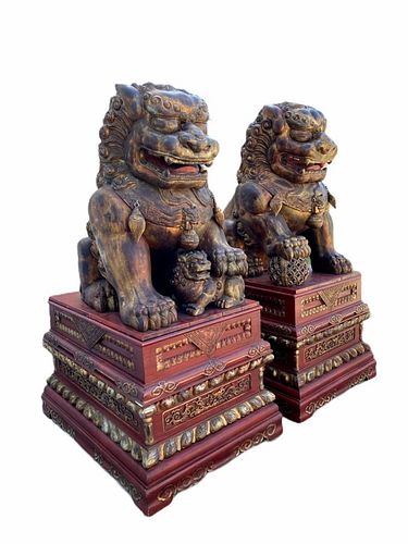 Monumental Chinese Wood Foo Lions 85 X 38 X 54