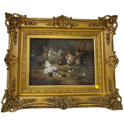 19th century chicken coop oil painting on board. M