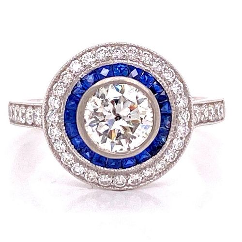 Deco Style Diamond Sapphire Halo Platinum Ring