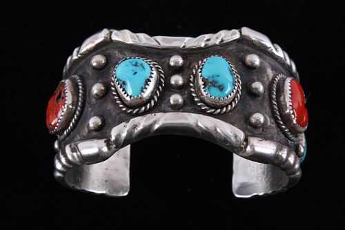 Navajo Sterling Silver Coral & Turquoise Bracelet