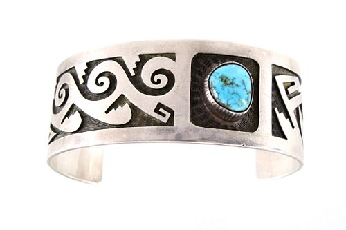Signed Navajo Sterling Silver & Turquoise Bracelet