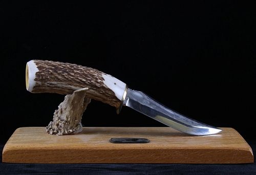 Signed Antler Handle Ornate Hunting Knife