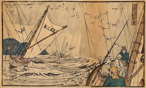 B. Nordfeldt Colored Woodcut, North Sea Fisherman