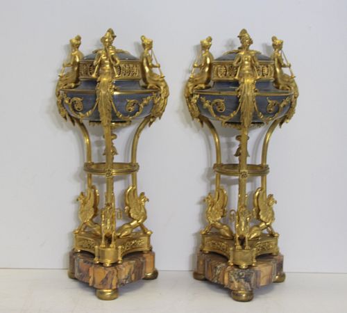 19th C Pair Of Gilt Bronze & Marble Brule-Parfums