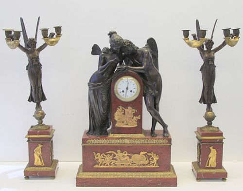 Finest Quality Rouge Marble And Bronze Clock