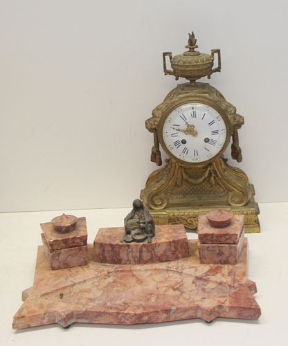 Antique Bronze Clock Together With A Marble