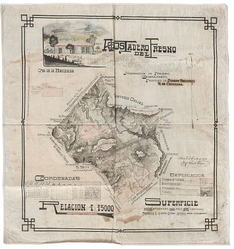 Gárate, Ricardo. Plano del Agostadero del Fresno, Hoy Puerta de Bombela. México, D. F., 1919. Colored map, 32.2 x 30.7" (82x78 cm)
