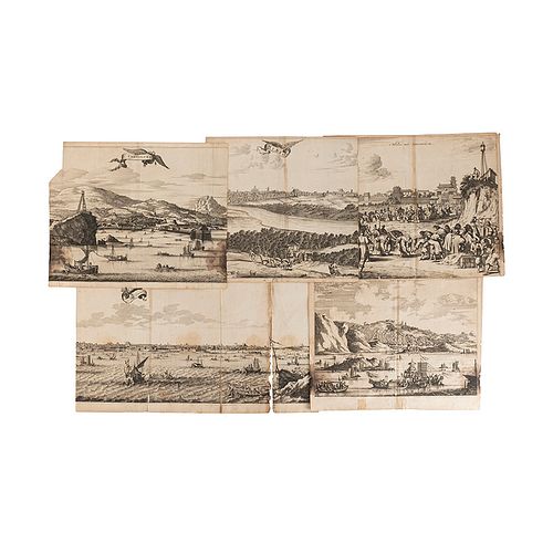 Montanus, Arnoldus. Vistas de Puertos Japoneses. Ámsterdam, 1669. Engravings. Pieces: 5.