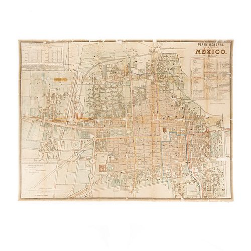 Debray y Sucs. Plano de la Ciudad de México. México: Lit. Debray y Sucs., 1884. Colored, lithographic plan, 24.2 x 32.4" (61.5 x 82.5 cm)