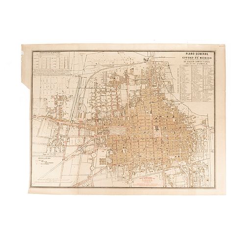Montauriol, C. Plano General de la Ciudad de México... México, 1887. Lithographic map, 24.2 x 32.2" (61.5 x 82 cm)