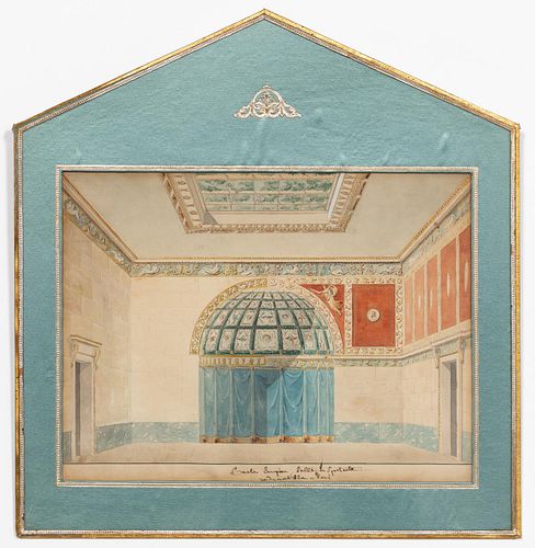 19th C. FRENCH INTERIOR STUDY, GOUACHE ON PAPER
