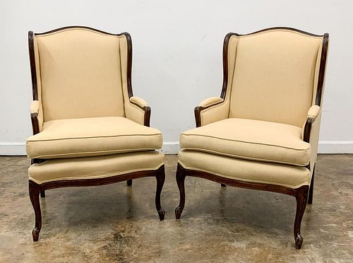 PAIR, LOUIS XV STYLE UPHOLSTERED WING CHAIRS