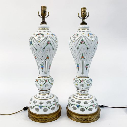 PAIR, BOHEMIAN WHITE FLORAL CASED GLASS LAMPS
