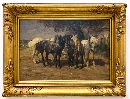 GEORG WOLF, "TENDING THE HORSES" OIL ON PANEL