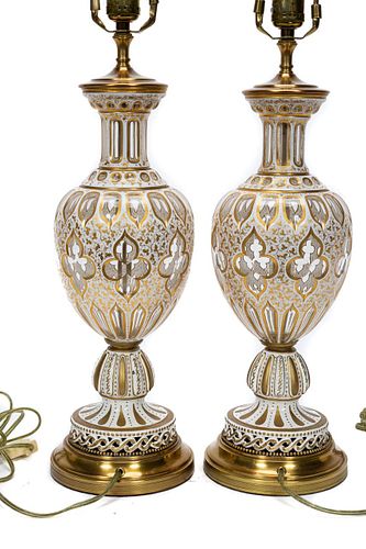 PAIR, 20TH C. BOHEMIAN CASED GLASS TABLE LAMPS